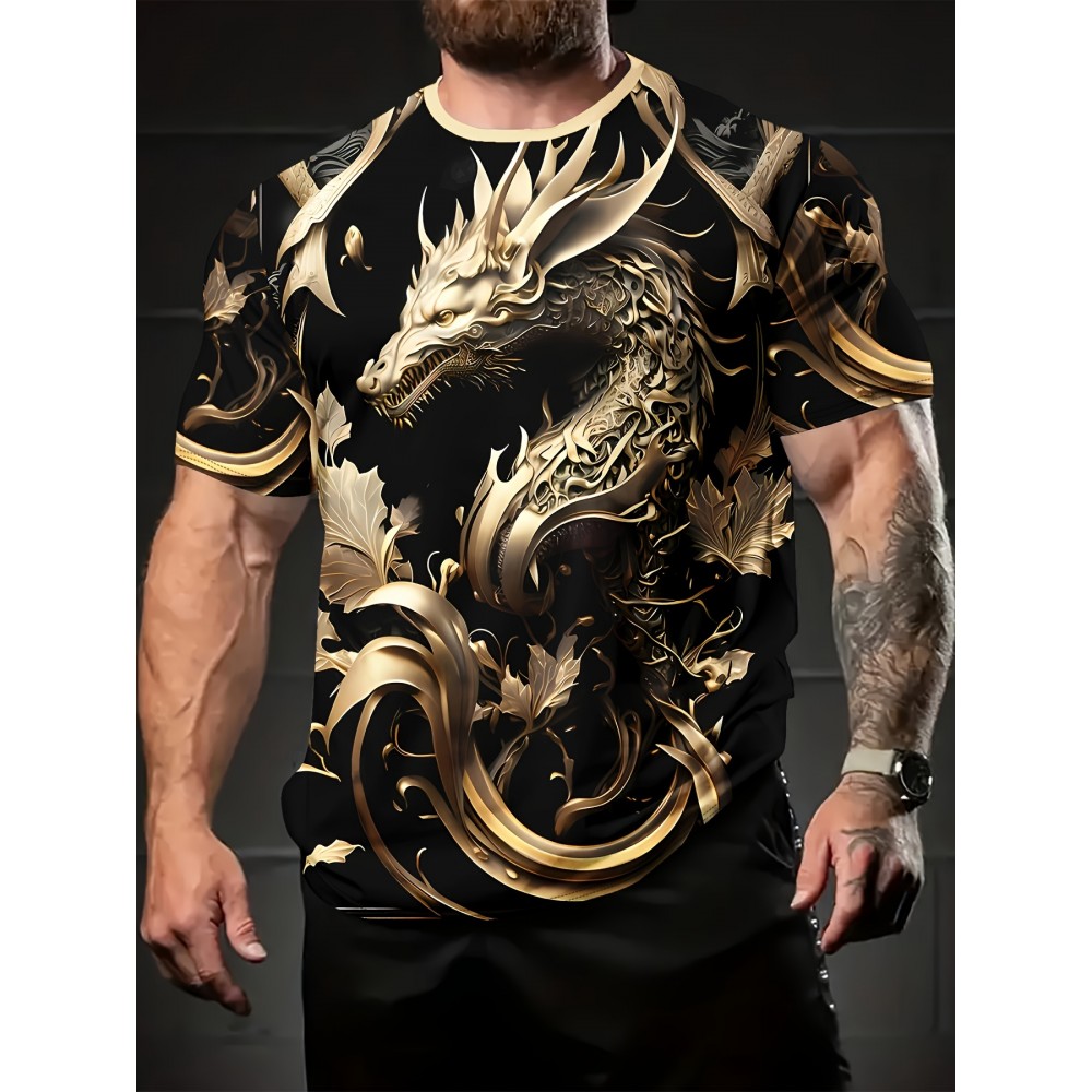 Summer Fashion Golden Dragon Print Short-Sleeved Round Neck T-Shirt - Men's Casual All-Match Outdoor Top