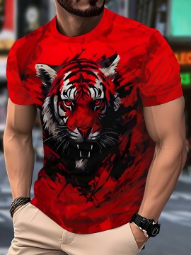 Men's Novelty Tiger Print T-Shirt - Red, Casual Crew Neck, Short Sleeve, Polyester Blend, Machine Washable, Bold Graphic Design