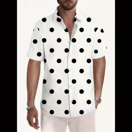 Men'S Casual Short Sleeve Shirt with 3D Black Polka Dot Pattern, Open Collar, Button-Up Front, Lightweight Summer Fabric, Perfect for Casual Attire or Casual Outings, Casual Summer Wear | Polka Dot Shirt | Stylish Button Details, Polka Dot Shirt