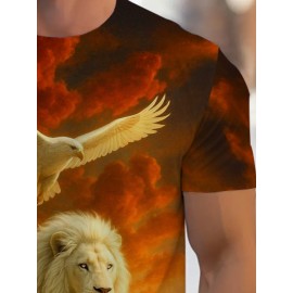 Men'S Lion and Eagle Graphic T-Shirt - Soft, Lightweight, Durable Fabric, Reddish Brown, Casual & Comfortable Fit for All Seasons, Ideal for Casual Attire and Outdoor Activities, Everyday Tshirt | Bold Print Shirt | Lightweight Shirt