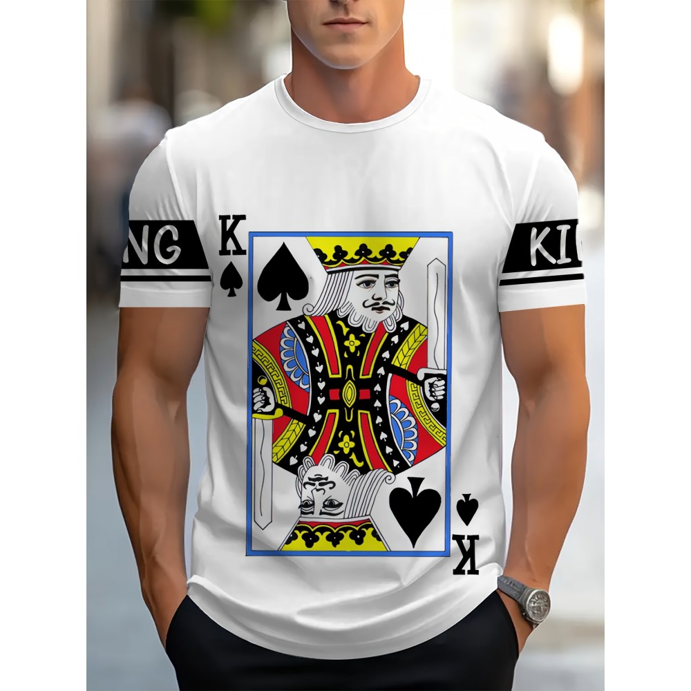 Men'S Royal King of Spades Graphic T-Shirt - White Casual Summer Tee with Black & White Crown Design, Short Sleeve, Round Neck, Polyester Blend, Perfect for Casual Attire & Parties, Party Fashion Top | Bold Print Tee | Stretchable Fabric, Knit