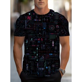 Men's Futuristic Circuit Board Graphic T-Shirt - Sporty Tech-Inspired Design, Vibrant Neon Geometric Print, Breathable Summer Tee, Machine Washable Regular Fit Round Neck, Techthemed Apparel, Comfortable Wear