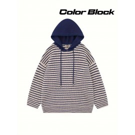 [Polyester Striped Hoodie] 100% Polyester Men's Casual Striped Hoodie - Loose Fit, Crew Neck, Color Block Design, Medium Stretch, Fall/Winter Streetwear Sweatshirt