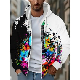 Men'S Vibrant Guitar Print Hoodie - Long Sleeve Zip-Up Sweatshirt with Drawstring & Pockets, Casual Outdoor Fall/Winter Jacket, Black with Colorful Splatter Design, Music Lover Apparel | Hooded Sweatshirt | Durable Fabric