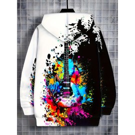 Men'S Vibrant Guitar Print Hoodie - Long Sleeve Zip-Up Sweatshirt with Drawstring & Pockets, Casual Outdoor Fall/Winter Jacket, Black with Colorful Splatter Design, Music Lover Apparel | Hooded Sweatshirt | Durable Fabric
