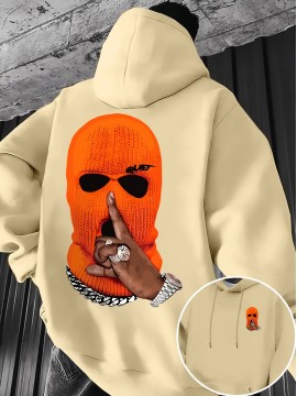 [Graphic Print Hooded] Men's Beige & Orange Graphic Print Hooded Sweatshirt - Oversized Streetwear Pullover with Balaclava Design, Soft Fabric & Front Pocket, Casual Winter Warmth, Machine Washable (PC610-S) - Fall Winter Fashion Essential