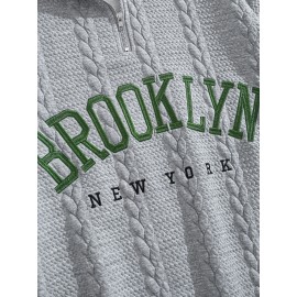 Jacquard Preppy Collared Neck Long Sleeve Embroidered Loose Fit Regular Length Knit Fabric Hoodie