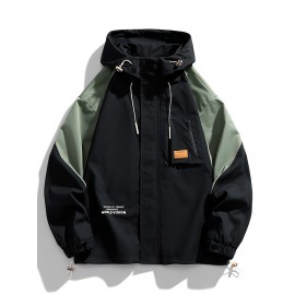 Men's Windproof Hooded Jacket for Spring & Autumn - Lightweight Work Jacket with Zipper Closure, Contrast Color Block Design, Polyester Lining & Pockets - Outdoor Sports, Hiking, Casual Wear