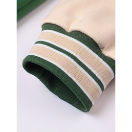 [Cozy Plush Hooded Jacket] Men's Cozy Plush Hooded Jacket | Green & Beige Two-Tone, Contrast Stitching, Letter Embroidery, Zip-Up Front, Long Sleeves, Pockets | Casual Outerwear, Durable Knitwear