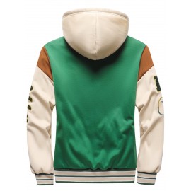 [Cozy Plush Hooded Jacket] Men's Cozy Plush Hooded Jacket | Green & Beige Two-Tone, Contrast Stitching, Letter Embroidery, Zip-Up Front, Long Sleeves, Pockets | Casual Outerwear, Durable Knitwear