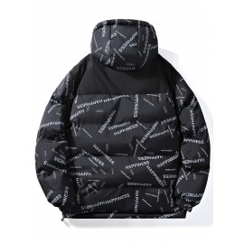 [Windproof Jacket] Warm & Stylish Men's Thick Windproof Hooded Jacket | Large Pockets & Drawstring, Black Polyester, Casual Letter Print Versatile Outerwear, Durable Outerwear