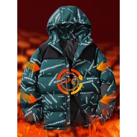 [Windproof Jacket] Warm & Stylish Men's Thick Windproof Hooded Jacket | Large Pockets & Drawstring, Black Polyester, Casual Letter Print Versatile Outerwear, Durable Outerwear