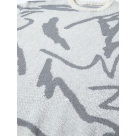 [Men's Geometric Sweater] Xingfan Men's Geometric Print Pullover Sweater | Drop Shoulder Casual Long Sleeve Round Neck Knit Top with Ribbed Detailing, Autumn Winter Warmth, Regular Fit for Casual Attire