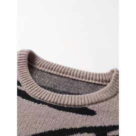 [Men's Geometric Sweater] Xingfan Men's Geometric Print Pullover Sweater | Drop Shoulder Casual Long Sleeve Round Neck Knit Top with Ribbed Detailing, Autumn Winter Warmth, Regular Fit for Casual Attire