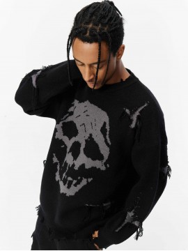 ANDREILEE Unisex Skull Print Crew Neck Sweater, Street Style Acrylic Blend, Loose Fit, Long Sleeve, Ripped Tassel Detail, Knit Pullovers for Fall/Winter