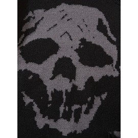 ANDREILEE Unisex Skull Print Crew Neck Sweater, Street Style Acrylic Blend, Loose Fit, Long Sleeve, Ripped Tassel Detail, Knit Pullovers for Fall/Winter