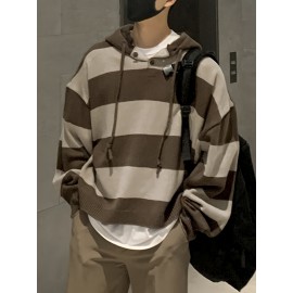 [Oversized Hooded Sweatshirt] Oversized Color-Block Hooded Sweatshirt for Men | Soft Stretch Knit Pullover with Drawstring Hood, Casual Loose Fit Long Sleeve for Autumn Winter