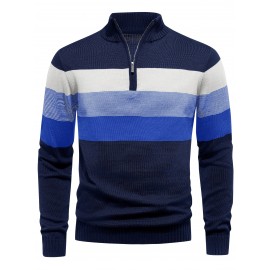 Men's Slim-Fit Casual Soft Commuter Knit Sweater - High Neck Long Sleeve with 1/4 Zipper, Navy & Light Grey Color Block Design for Autumn/Winter, Office & Casual Wear, Knitted Sweater, Comfortable Winter Wear