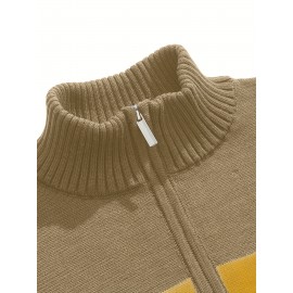 Men's Slim-Fit Casual Soft Commuter Knit Sweater - High Neck Long Sleeve with 1/4 Zipper, Navy & Light Grey Color Block Design for Autumn/Winter, Office & Casual Wear, Knitted Sweater, Comfortable Winter Wear