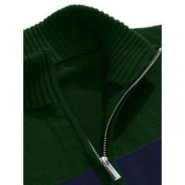 Men's Slim-Fit Casual Soft Commuter Knit Sweater - High Neck Long Sleeve with 1/4 Zipper, Navy & Light Grey Color Block Design for Autumn/Winter, Office & Casual Wear, Knitted Sweater, Comfortable Winter Wear