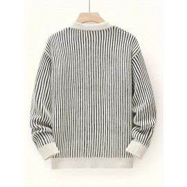 Men's Casual Striped Sweater - Polyester Knit Pullover with Round Neck, Medium Stretch, Regular Fit for Fall/Winter Season