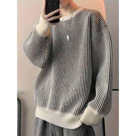 Men's Casual Striped Sweater - Polyester Knit Pullover with Round Neck, Medium Stretch, Regular Fit for Fall/Winter Season