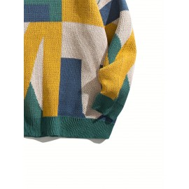 [Winter Sweater] Autumn/Winter Men's Geometric Color Block Sweater | Relaxed Drop Shoulder Fit, Mid-Stretch Fabric, Round Neck & Sleeves, Winter Comfort Clothing, Medium Elasticity Fabric
