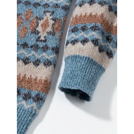 Men's Casual Color-Block Geometric Knit Sweater - Loose Fit Ribbed Detail Pullover, Machine Washable Autumn Winter Warm Crewneck Sweater for Casual Attire, Knitted Sweater, Durable Winter Wear