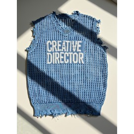 Men's & Women's Semi-Sheer Sleeveless V-Neck Sweater Vest - Korean/Japanese Streetwear Style, All-Season Layering Piece, Hand Washable Casual Jacket with Creative Director Lettering (No Belt) for Director Outfits & Everyday