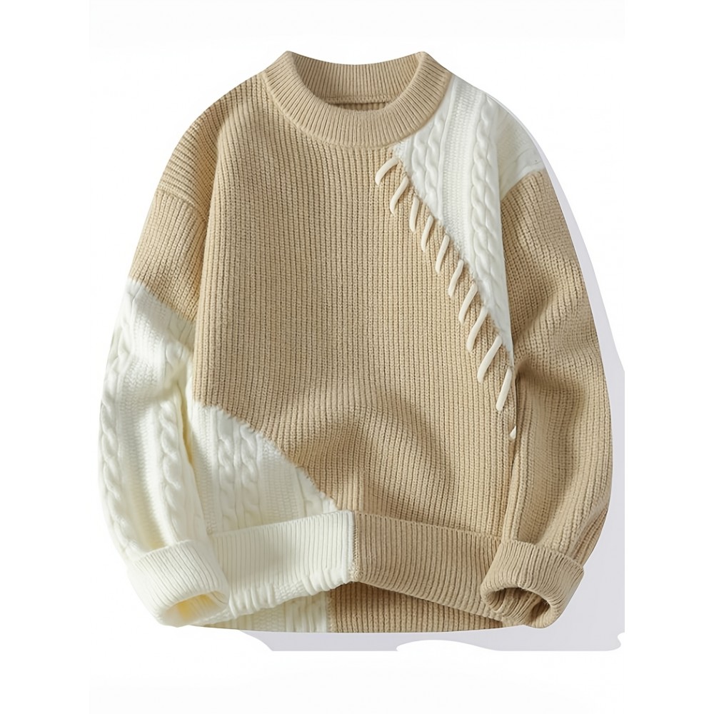 Men'S Cozy Ribbed Knit Sweater - Casual Long Sleeve Crewneck with Contrast Trim, Warm Fall/Winter Pullover in Light Green, Perfect for Casual Attire, Thick