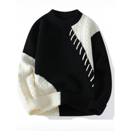 Men'S Cozy Ribbed Knit Sweater - Casual Long Sleeve Crewneck with Contrast Trim, Warm Fall/Winter Pullover in Light Green, Perfect for Casual Attire, Thick