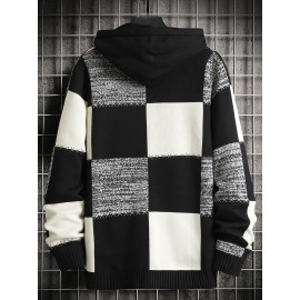 Men's Casual Hooded Color-Block Sweater - Black & Plaid Pattern, Sleeve Pullover with Ribbed Cuffs & Adjustable Drawstring Hood for Spring/Fall Daily Commute & Casual Outings, Sweater Hoodie, Durable Knitwear, Comfortable Fit