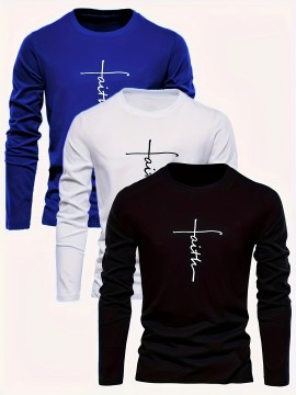 3pcs faith letter print new Men's round neck long-sleeved T-shirt casual sports breathable top multi-pack autumn and winter Men's clothing comfortable loose fashion street trendy warm sweater set as a gift suitable for outdoor sports