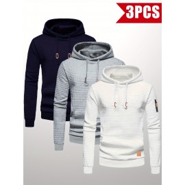 3pcs Men's Casual Waffle Knit Jacquard Hoodie Set - Long Sleeve Pullover with Side Zipper Detail, Perfect for Daily Commute, Outdoor Sports, and Beach Vacations