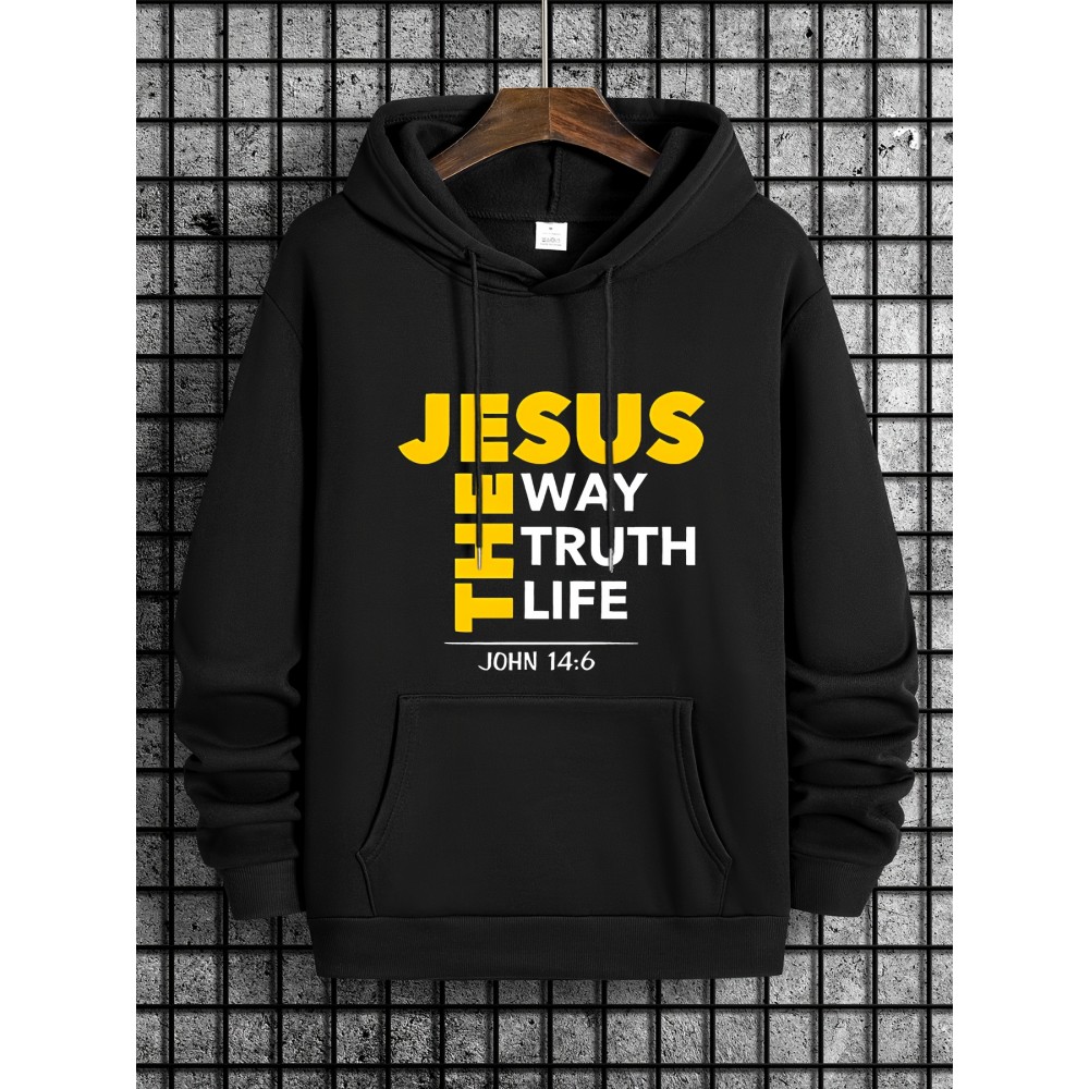 Men's Jesus The Way Truth Life John 14:6 Scripture Hoodie - Brown with Bold Yellow Lettering, Casual Pullover Hooded Sweatshirt, Regular Fit Autumn Winter Comfortable Religious Apparel