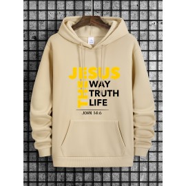 Men's Jesus The Way Truth Life John 14:6 Scripture Hoodie - Brown with Bold Yellow Lettering, Casual Pullover Hooded Sweatshirt, Regular Fit Autumn Winter Comfortable Religious Apparel