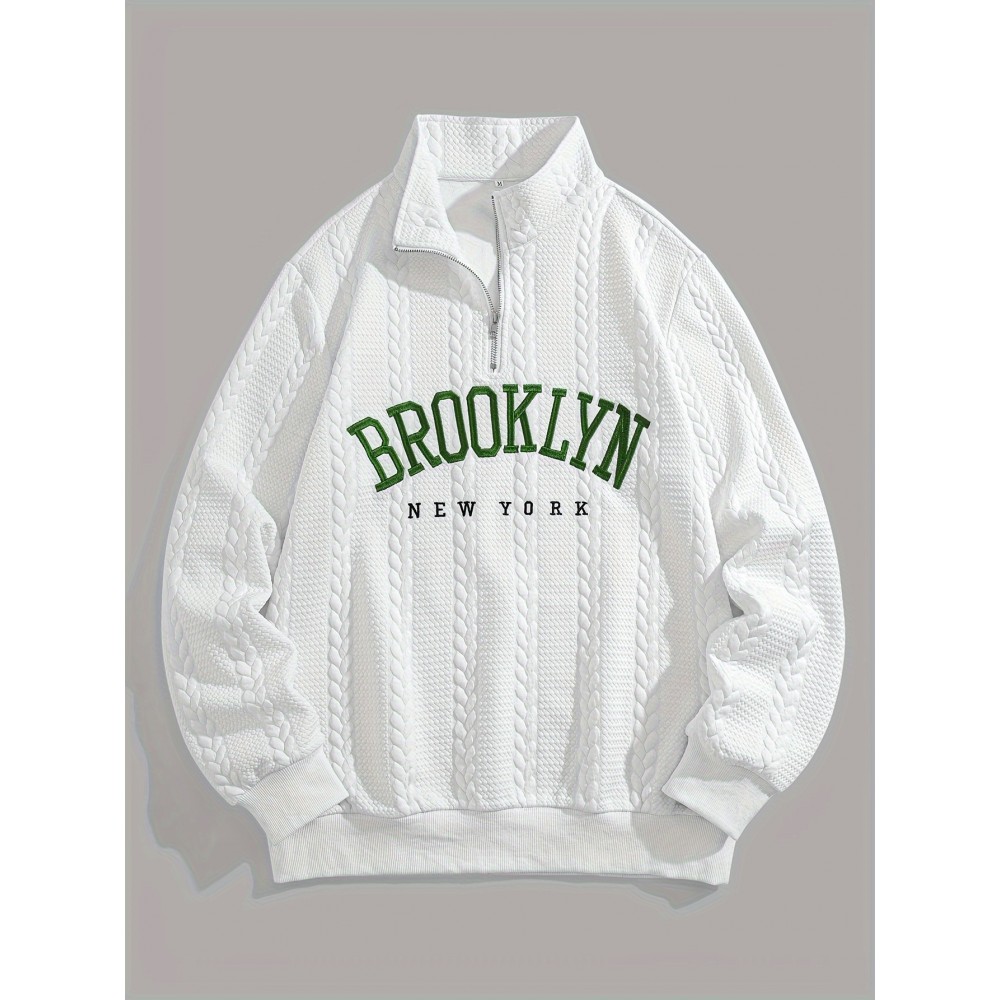 Jacquard Preppy Collared Neck Long Sleeve Embroidered Loose Fit Regular Length Knit Fabric Hoodie