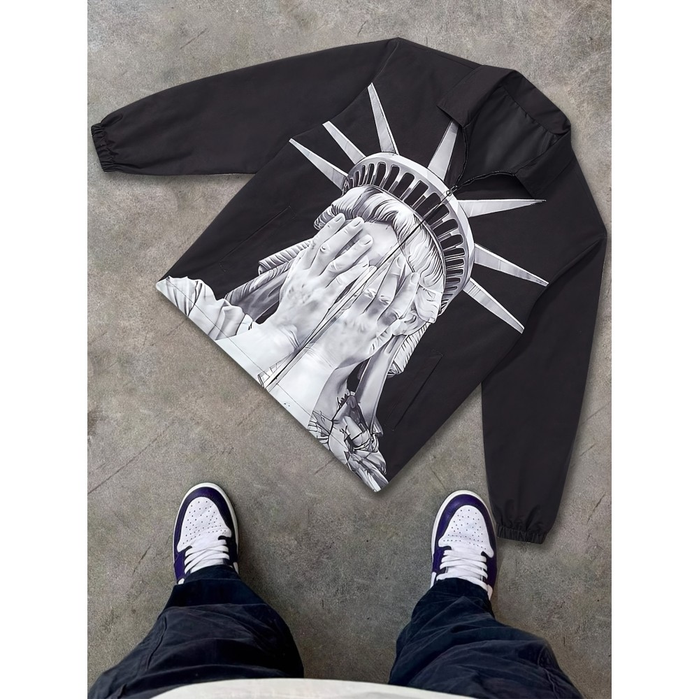 Gentlemen's Jacket Men's Spring and Autumn Thin Casual Lapel Portrait Print Trendy Fashion Zip-Up Outerwear Long Sleeve