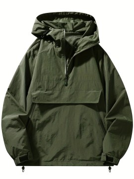 Men's Windproof Hooded Jacket - Casual Outdoor Pullover with Zipper Pockets, Long Sleeve, Machine Washable, Green Polyester Fabric for Spring/Fall, Windbreaker Jacket
