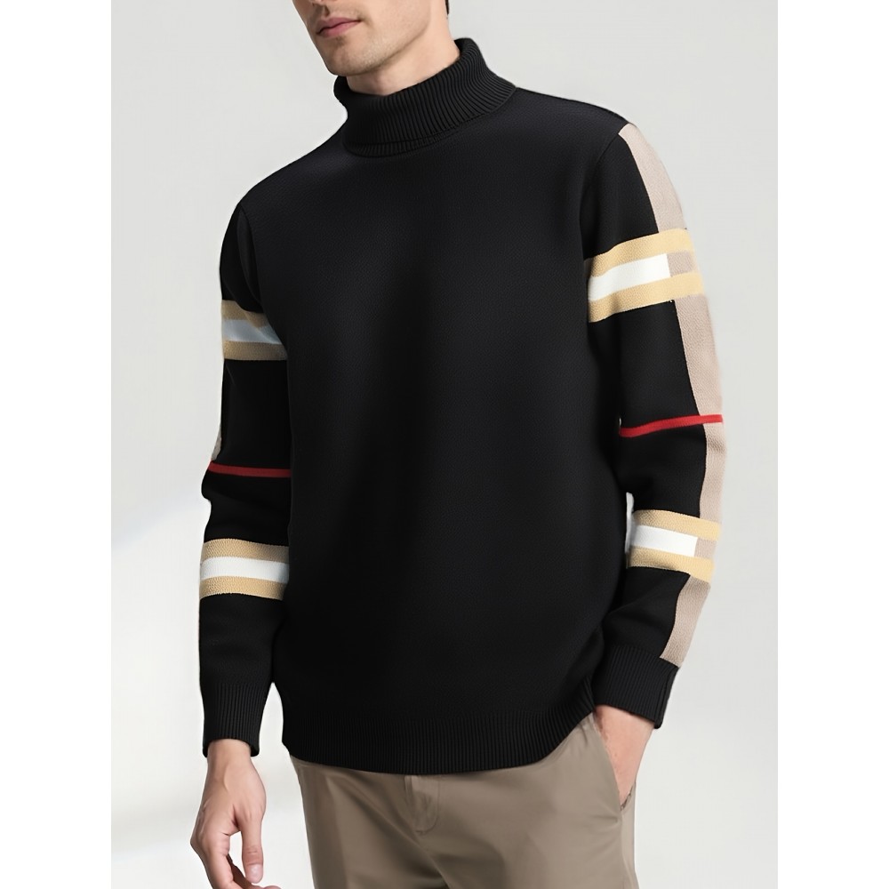 Men'S High-Neck Sweater with Striped Sleeves - Casual Knit Pullover for Fall & Winter, Beige & Black, Skinny Fit, Comfortable Clothing | Casual Style | Knit Construction, Sweater Hoodie
