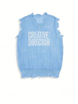 Men's & Women's Semi-Sheer Sleeveless V-Neck Sweater Vest - Korean/Japanese Streetwear Style, All-Season Layering Piece, Hand Washable Casual Jacket with Creative Director Lettering (No Belt) for Director Outfits & Everyday